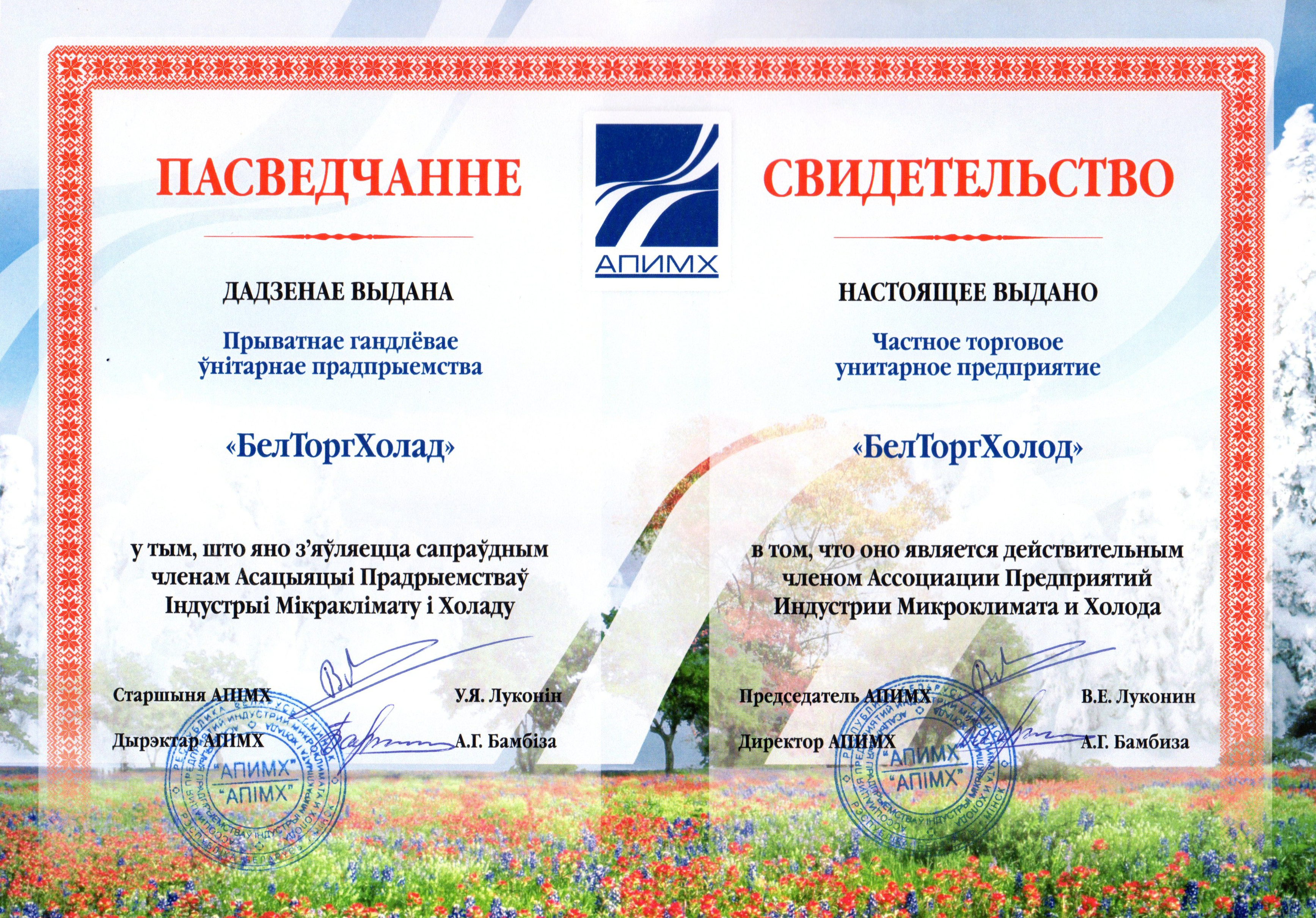 Свидетельство АПИМХ
